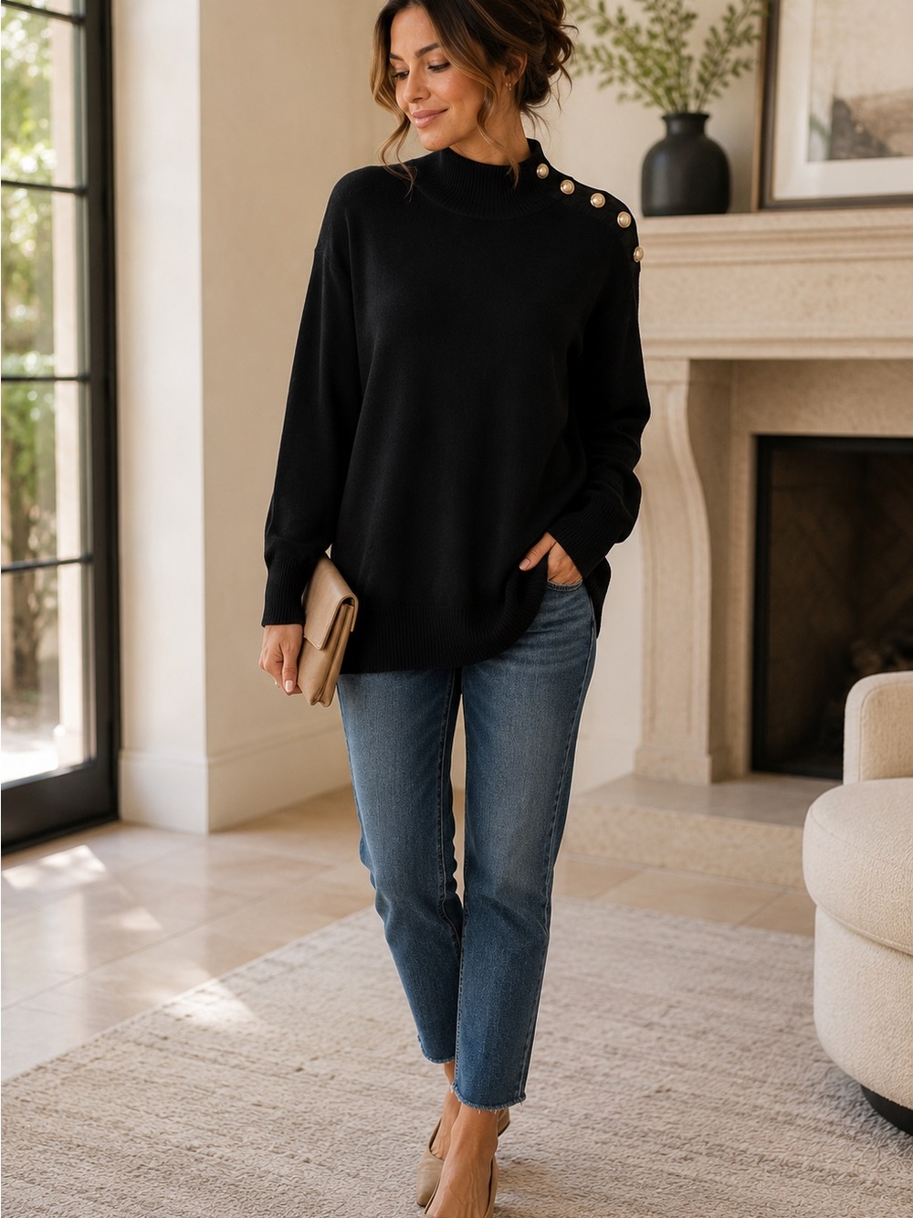 White House Black Market Black‎ Mock Neck Sweater Faux Pearl Shoulder Buttons XS